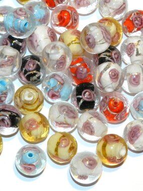 Assorted Color Silver Foil Lined w Pink Flower 12mm Round Glass Beads 25pc G3540